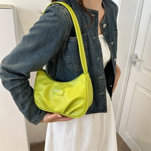Minimalist bright yellow crescent bag with pleated PU leather and metal fashion logo