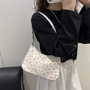 Retro cherry print underarm bag for women with white leather straps and canvas texture