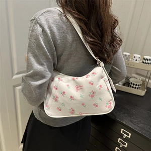 Floral print canvas underarm bag for women with pink flower and bow patterns