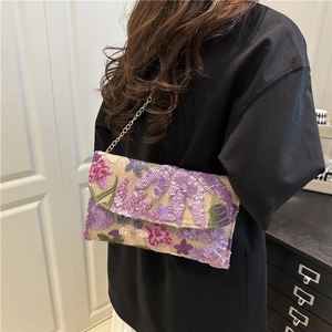 Sequin floral embroidery straw envelope clutch bag with gold chain strap for women