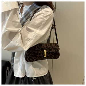 Detailed view of leopard print baguette bag with a premium oval gold metal buckle