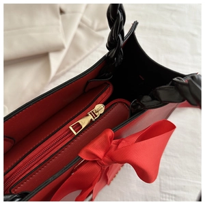 Vue détaillée du sac à main montrant la doublure rouge et la poignée tressée