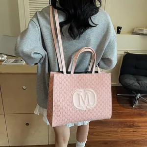 Pink large capacity tote bag with M-letter pattern and shoulder strap for women