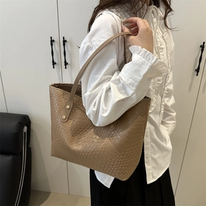 Large capacity khaki woven tote bag with adjustable shoulder straps for daily office use