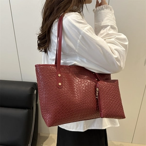 Large dark red woven tote bag set with matching pouch for women on shoulder