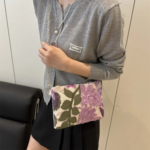 Rectangle shoulder bag with purple sequin flower embroidery and gold chain strap