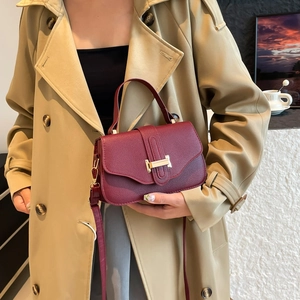 French vintage wine red square crossbody bag with gold metal buckle and leather strap