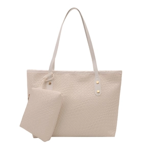 Off-white large shoulder tote bag with crocodile texture and matching clutch pouch set