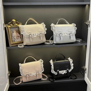 Sac à Dos Lolita Doux pour Femmes en Cuir PU Avec Bordure en Dentelle Nœud Sac à Main Bandoulière Mode Scolaire Sac Polyvalent