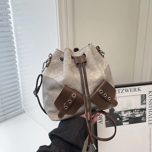 Sac Seau pour Femme Vintage en Toile et Cuir PU Mode Cordon de Serrage Bandoulière Casual Denim Surpiqûres Sac à Main