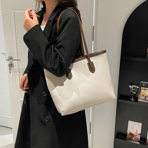 Minimalist cream and brown large capacity tote bag with long shoulder straps for women