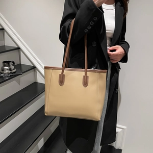 Minimalist khaki tote bag with dark brown handles for women in urban city setting