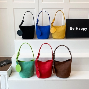 Women Textured PU Suede Bucket Bag Large Capacity Solid Color Shoulder Bag With Round Mini Charm Pouch Korean Style Purse