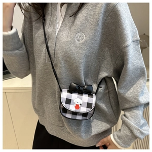 Checkerboard mini crossbody bag with black leather bow and cute cartoon dog print