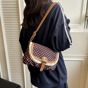 Vintage dark brown canvas crossbody bag with pink polka dots and lace trim decoration