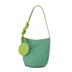 Minimalist green suede bucket bag with contrast leather handle and decorative knot detail