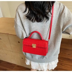 Detail of red faux crocodile skin small square bag with golden buckle and handle