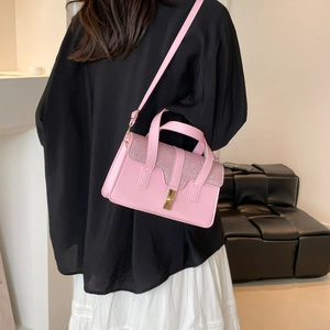 Classic pink square handbag with sequined flap and golden lock for women in 2025 autumn