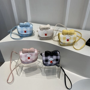 Women's Mini PU Leather Crossbody Bag Cute Cartoon Dog Print Bowknot Gingham Pattern Small Square Shoulder Bag For Girls