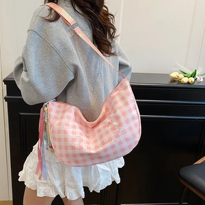Pink gingham canvas crossbody bag with cute bear embroidery and decorative ribbons