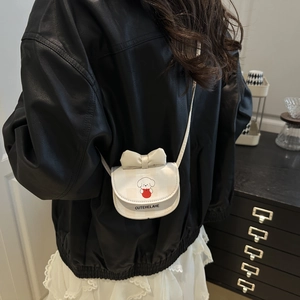 White mini crossbody bag with cartoon dog print and bow decoration for summer fashion