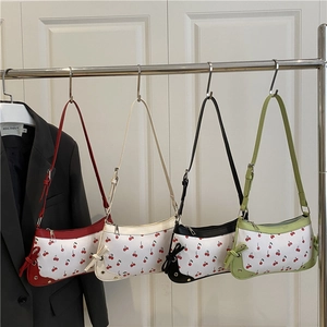 Sac Sous le Bras en Cuir PU à la Mode pour Femmes Imprimé Cerises Sac à Main Vintage Doux avec Nœud et Rivets