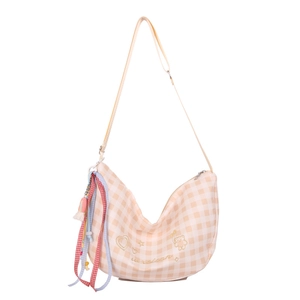Fashionable checkered half-moon crossbody bag with cute embroidery and rainbow charms