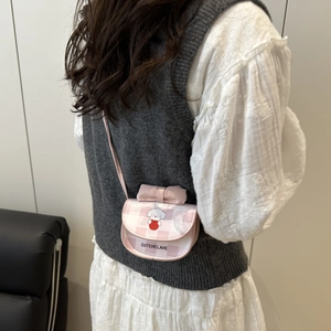 Pink checkered crossbody bag with cute cartoon puppy print and a sweet bow decoration
