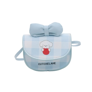 Mini cartoon dog crossbody bag for kids with blue bow and plaid pattern design