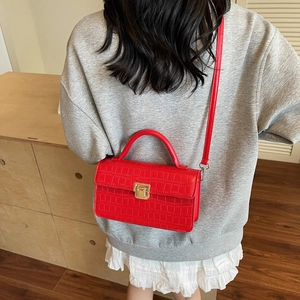 Red square shoulder bag with crocodile pattern and golden metal buckle for women