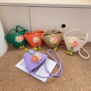 Damen Handgefertigte Gewebte Blumen Umhängetasche Vintage Häkel Stroh Beuteltasche Mit Perlenknopf Lässige Sommer Handtasche