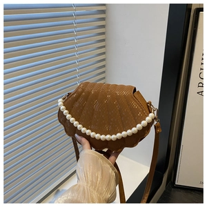 Brown shell-shaped bag with snake texture, pearl chain detail, and shoulder strap