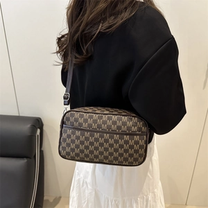 Retro monogram crossbody camera bag for women with brown leather strap and M-pattern