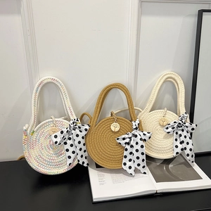 Damen Runde Stroh Gewebte Umhängetasche Mit Polka Dot Schleife Ribbon Sommer Strand Mode Handgefertigte Schulter Handtasche Urlaub Tasche