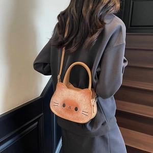 Sac bandoulière tendance en forme de chat et toast en cuir marron et beige