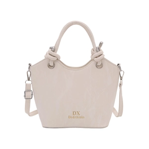 Minimalist beige bucket bag with thick rope handles and adjustable shoulder strap