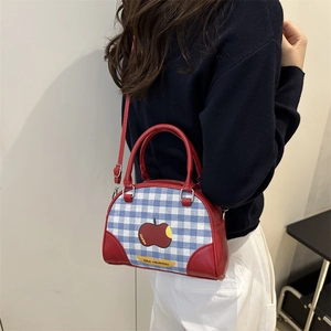 Vintage red leather and plaid canvas bowling bag with apple embroidery and top handles
