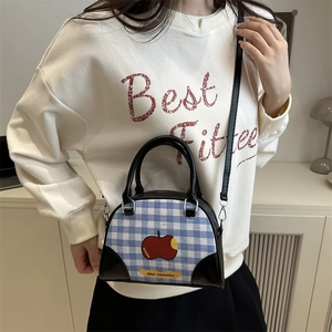 Blue and white plaid handbag with red apple print and detachable crossbody strap