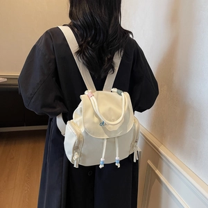 Chic cream white mini backpack with colorful bead accents and embroidery for women