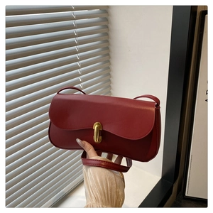 Detail of deep red baguette bag featuring a matte texture and golden oval buckle