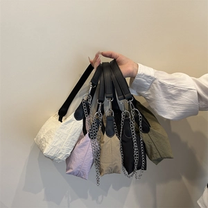 Women Fashion Nylon Pleated Underarm Bag Casual Trendy Shoulder Bag With Metal Chain Elegant Commuting Bag For Daily Use