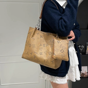 YADIER khaki tote bag set with monogram print and metal chain leather shoulder straps
