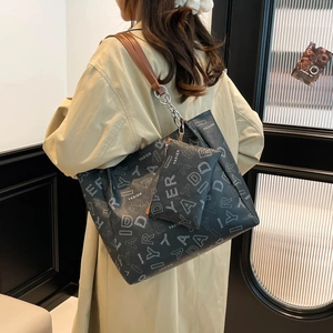 Large black letter print tote bag with mini pouch and metal chain leather strap