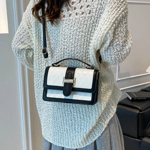 Fashionable black and white geometric pattern crossbody bag with gold buckle for women