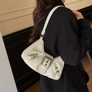 Minimalist white crescent shoulder bag with glossy patent leather and metal buckle