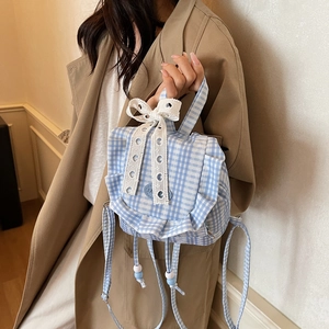 Blue and white gingham mini backpack with lace bow and ruffle detail for girls