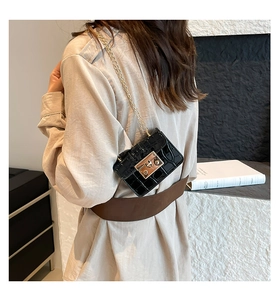 Detail of black crocodile texture bag with gold metal clasp and chain strap