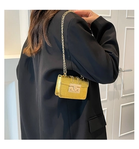 Detail view of mini gold crossbody bag with crocodile embossed texture and metal chain