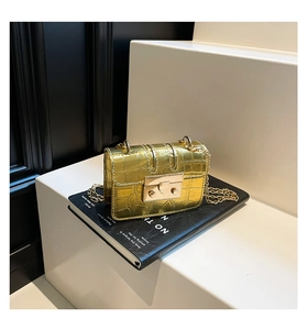 Detailed macro of gold crocodile texture leather with metallic chain strap and square buckle