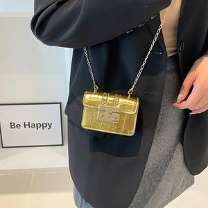 Chic gold crocodile embossed mini crossbody bag with metal chain strap for women